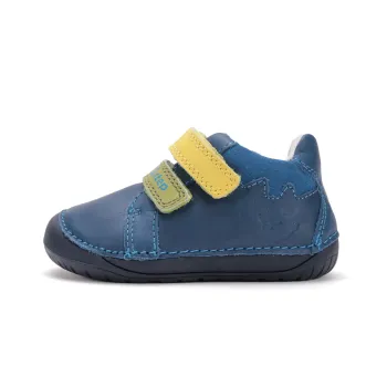 Pantofi DD Step primii pasi barefoot, baieti, piele naturala, albastru, barete colorate