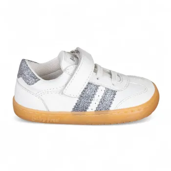 Pantofi barefoot primii pasi, fete, tip sport, piele naturala, Chetto alb argintiu