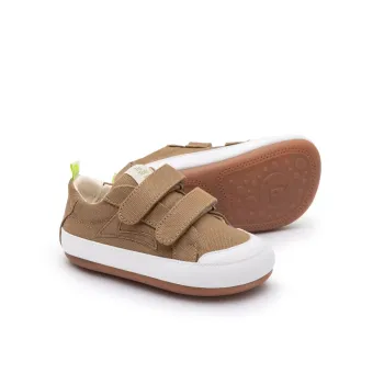Pantofi barefoot primii pasi copii, Tip Toey Joey, canvas, talpa ultraflexibila, elastic la spate, Bossy Green, maro