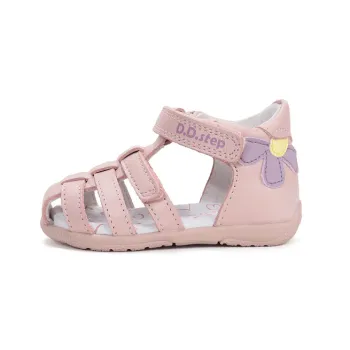 Sandale DD Step fete, primii pasi, talpa flexibila, calcai intarit, suport plantar, roz pudra cu floare mov