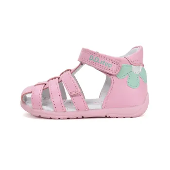 Sandale DD Step fete, primii pasi, talpa flexibila, calcai intarit, roz inchis cu floare verde