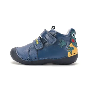Pantofi DD Step baieti, primii pasi, talpa flexibila, piele naturala, calcai intarit, albastru, broscuta