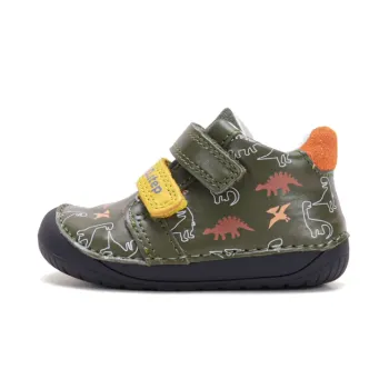 Pantofi DD Step primii pasi barefoot, baieti, piele naturala, kaki, dinozauri