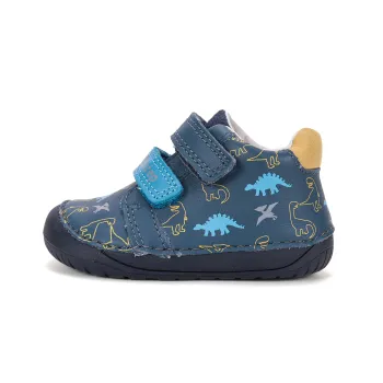 Pantofi DD Step primii pasi barefoot, baieti, piele naturala, albastru, dinozauri