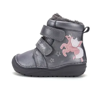 Ghete imblanite fete primii pasi, talpa ultraflexibila, piele naturala, gri sidefat unicorn