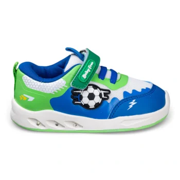 Pantofi sport barefoot copii cu beculețe, Fotbal, albastru și verde, Chetto